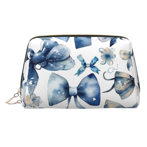 FZQVSLCM Reise-Make-up-Tasche, wasserdichte Make-up-Tasche für Geldbörse, Leder-Kulturbeutel für Damen, Kosmetiktasche, Organizer, ein Set mit blauen Schleifen, Make-up-Tasche mit Reißverschluss von FZQVSLCM