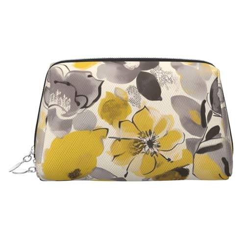 FZQVSLCM Reise-Make-up-Tasche, wasserdichte Make-up-Tasche für Geldbörse, Leder-Kulturbeutel für Damen, Kosmetiktasche, Organizer, gelb-graue Blume, Make-up-Tasche mit Reißverschluss, Make-up-Tasche von FZQVSLCM