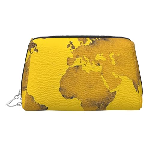 FZQVSLCM Reise-Make-up-Tasche, wasserdichte Make-up-Tasche für Geldbörse, Leder-Kulturbeutel für Damen, Kosmetiktasche, Organizer, gelbe Weltkarte, Make-up-Tasche mit Reißverschluss, Make-up-Tasche von FZQVSLCM
