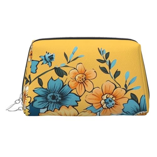 FZQVSLCM Reise-Make-up-Tasche, wasserdichte Make-up-Tasche für Geldbörse, Leder-Kulturbeutel für Damen, Kosmetiktasche, Organizer, gelbes und blaues Blumenmuster, Make-up-Tasche mit Reißverschluss von FZQVSLCM