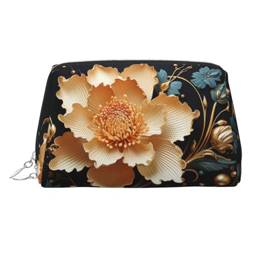 FZQVSLCM Reise-Make-up-Tasche, wasserdichte Make-up-Tasche für Geldbörse, Leder-Kulturbeutel für Damen, Kosmetiktasche, Organizer, goldene Blumen auf Schwarz, Make-up-Tasche mit Reißverschluss von FZQVSLCM
