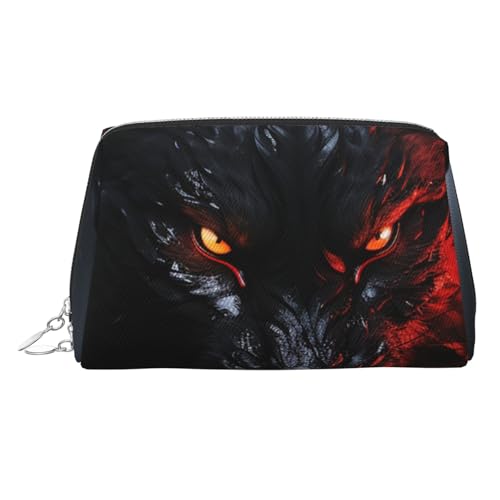 FZQVSLCM Reise-Make-up-Tasche, wasserdichte Make-up-Tasche für Geldbörse, Leder-Kulturbeutel für Damen, Kosmetiktasche, Organizer, großer schwarzer Wolf mit roten Augen, Make-up-Tasche mit von FZQVSLCM