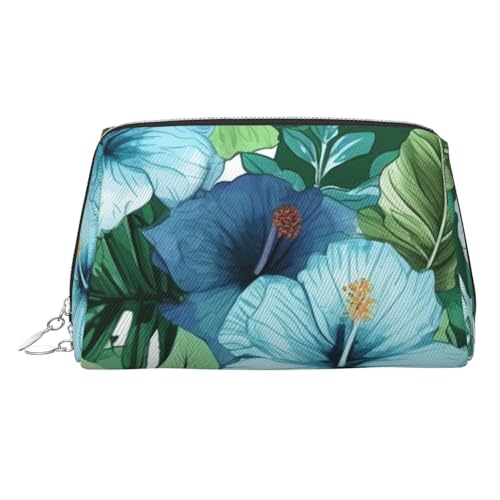 FZQVSLCM Reise-Make-up-Tasche, wasserdichte Make-up-Tasche für Geldbörse, Leder-Kulturbeutel für Damen, Kosmetiktasche, Organizer, grüne und blaue Hibiskusblüten, Make-up-Tasche mit Reißverschluss von FZQVSLCM