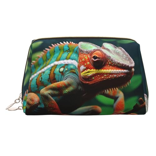FZQVSLCM Reise-Make-up-Tasche, wasserdichte Make-up-Tasche für Geldbörse, Leder-Kulturbeutel für Damen, Kosmetiktasche, Organizer, niedliches Chamäleon-Make-up-Tasche mit Reißverschluss von FZQVSLCM