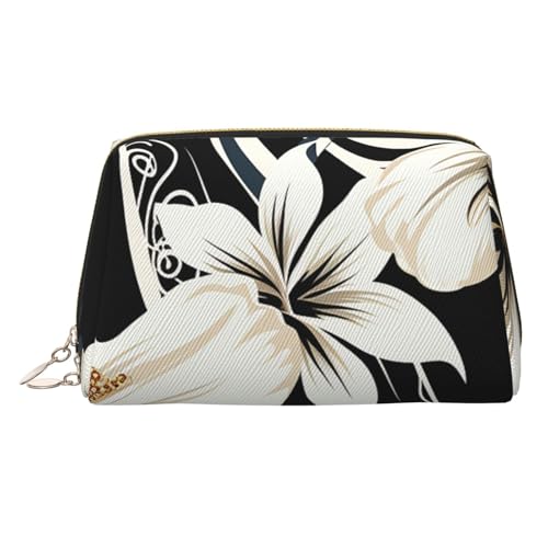 FZQVSLCM Reise-Make-up-Tasche, wasserdichte Make-up-Tasche für Geldbörse, Leder-Kulturbeutel für Damen, Kosmetiktasche, Organizer, schwarz und weiß, hawaiianische Blumen, Make-up-Tasche mit von FZQVSLCM
