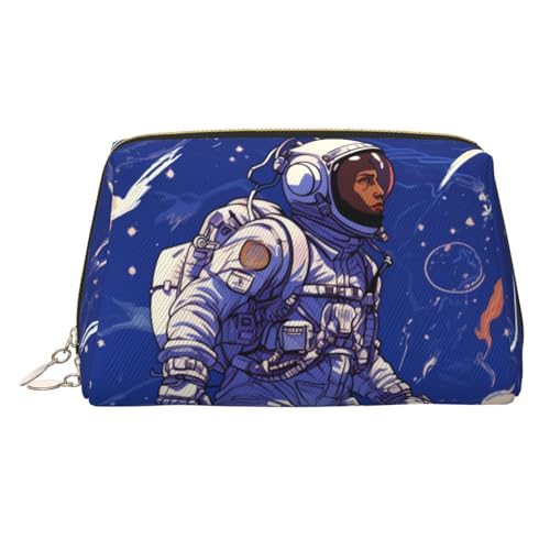 FZQVSLCM Reise-Make-up-Tasche, wasserdichte Make-up-Tasche für Geldbörse, Leder-Kulturbeutel für Damen, Kosmetiktasche, Organizer, schwarzer Astronaut auf Blau, Make-up-Tasche mit Reißverschluss von FZQVSLCM