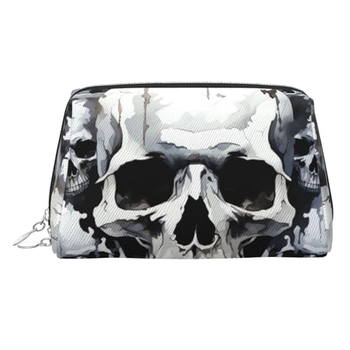 FZQVSLCM Reise-Make-up-Tasche, wasserdichte Make-up-Tasche für Geldbörse, Leder-Kulturbeutel für Damen, Kosmetiktasche, Organizer, weiße und graue Totenkopf-Grafiken, Make-up-Tasche mit Reißverschluss von FZQVSLCM