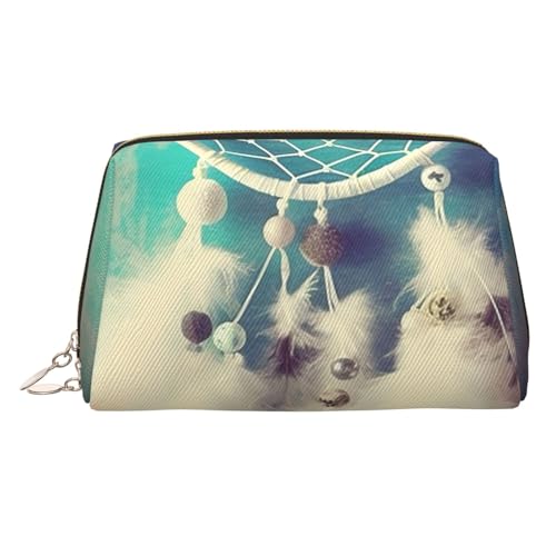 FZQVSLCM Reise-Make-up-Tasche, wasserdichte Make-up-Tasche für Geldbörse, Leder-Kulturbeutel für Damen, Kosmetiktasche, Organizer, weißer Traumfänger, Feder-Make-up-Tasche mit Reißverschluss von FZQVSLCM