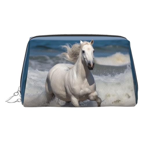 FZQVSLCM Reise-Make-up-Tasche, wasserdichte Make-up-Tasche für Geldbörse, Leder-Kulturbeutel für Damen, Kosmetiktasche, Organizer, weißes Pferd, das auf dem Meer läuft, Make-up-Tasche mit von FZQVSLCM