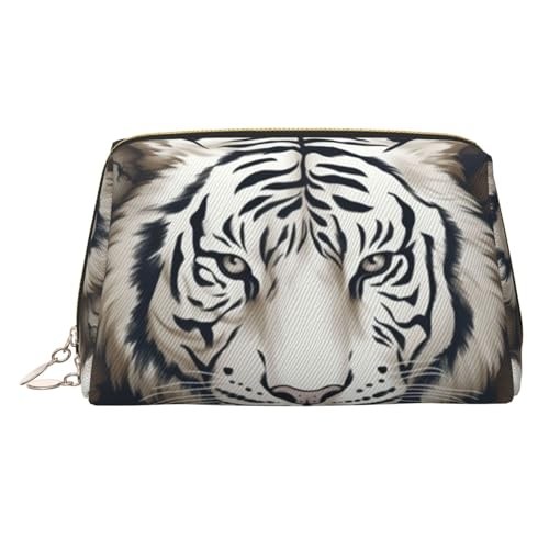 FZQVSLCM Reise-Make-up-Tasche, wasserdichte Make-up-Tasche für Geldbörse, Leder-Kulturbeutel für Damen, Kosmetiktasche, Organizer, weißes Tigerkopf-Muster, Make-up-Tasche mit Reißverschluss von FZQVSLCM