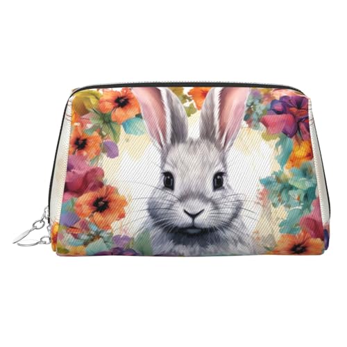 FZQVSLCM Reise-Make-up-Tasche, wasserdichte Make-up-Tasche für Geldbörse, Leder-Kulturtasche für Damen, Kosmetiktasche, Organizer, Aquarell-Kaninchen und Blumen, Make-up-Tasche mit Reißverschluss von FZQVSLCM