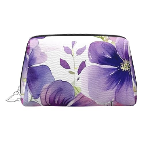 FZQVSLCM Reise-Make-up-Tasche, wasserdichte Make-up-Tasche für Geldbörse, Leder-Kulturtasche für Damen, Kosmetiktasche, Organizer, Aquarell-lila Blumen, Make-up-Tasche mit Reißverschluss von FZQVSLCM