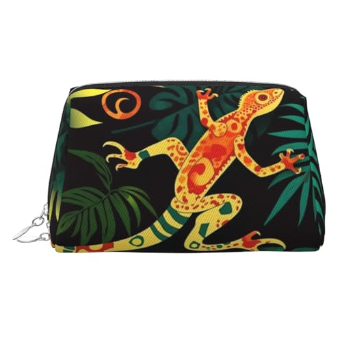 FZQVSLCM Reise-Make-up-Tasche, wasserdichte Make-up-Tasche für Geldbörse, Leder-Kulturtasche für Damen, Kosmetiktasche, Organizer, Gecko und tropische Blätter, Make-up-Tasche mit Reißverschluss von FZQVSLCM