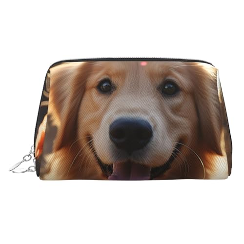 FZQVSLCM Reise-Make-up-Tasche, wasserdichte Make-up-Tasche für Geldbörse, Leder-Kulturtasche für Damen, Kosmetiktasche, Organizer, Golden Retriever und Blumen, Make-up-Tasche mit Reißverschluss von FZQVSLCM