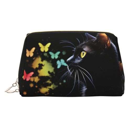 FZQVSLCM Reise-Make-up-Tasche, wasserdichte Make-up-Tasche für Geldbörse, Leder-Kulturtasche für Damen, Kosmetiktasche, Organizer, Katzen- und Schmetterling-Make-up-Tasche mit Reißverschluss von FZQVSLCM