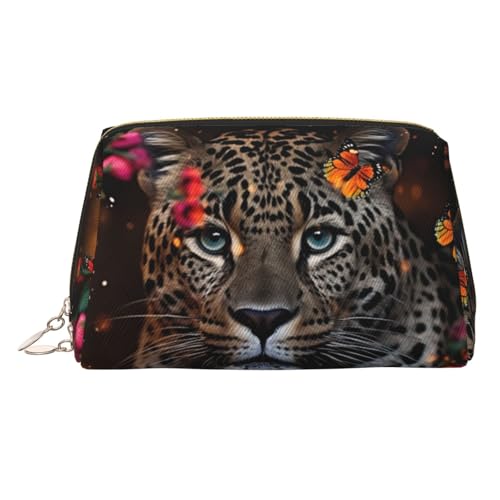 FZQVSLCM Reise-Make-up-Tasche, wasserdichte Make-up-Tasche für Geldbörse, Leder-Kulturtasche für Damen, Kosmetiktasche, Organizer, Leoparden- und Schmetterling-Make-up-Tasche mit Reißverschluss von FZQVSLCM
