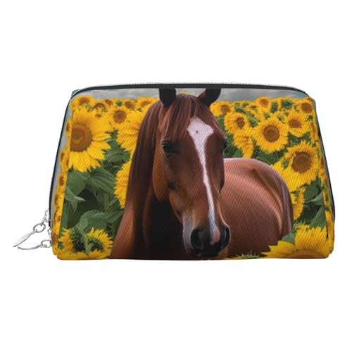 FZQVSLCM Reise-Make-up-Tasche, wasserdichte Make-up-Tasche für Geldbörse, Leder-Kulturtasche für Damen, Kosmetiktasche, Organizer, Pferde- und Sonnenblumen-Make-up-Tasche mit Reißverschluss von FZQVSLCM
