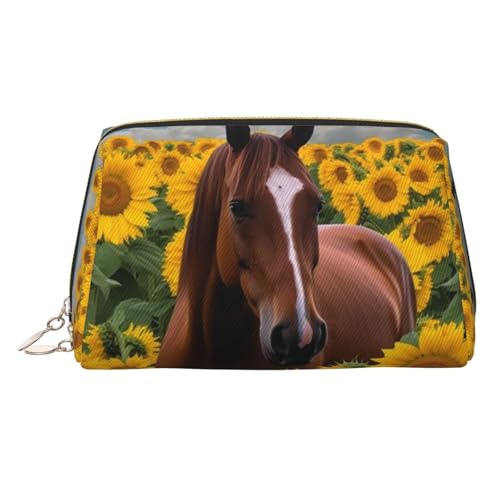 FZQVSLCM Reise-Make-up-Tasche, wasserdichte Make-up-Tasche für Geldbörse, Leder-Kulturtasche für Damen, Kosmetiktasche, Organizer, Pferde- und Sonnenblumen-Make-up-Tasche mit Reißverschluss von FZQVSLCM
