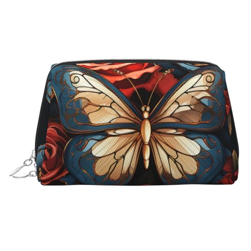 FZQVSLCM Reise-Make-up-Tasche, wasserdichte Make-up-Tasche für Geldbörse, Leder-Kulturtasche für Damen, Kosmetiktasche, Organizer, Schmetterlinge und Rosen, Make-up-Tasche mit Reißverschluss von FZQVSLCM