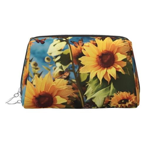 FZQVSLCM Reise-Make-up-Tasche, wasserdichte Make-up-Tasche für Geldbörse, Leder-Kulturtasche für Damen, Kosmetiktasche, Organizer, Sonnenblumen und Schmetterlinge, Make-up-Tasche mit Reißverschluss von FZQVSLCM