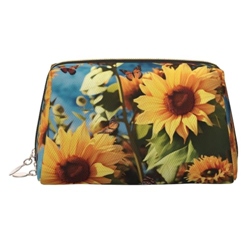 FZQVSLCM Reise-Make-up-Tasche, wasserdichte Make-up-Tasche für Geldbörse, Leder-Kulturtasche für Damen, Kosmetiktasche, Organizer, Sonnenblumen und Schmetterlinge, Make-up-Tasche mit Reißverschluss von FZQVSLCM