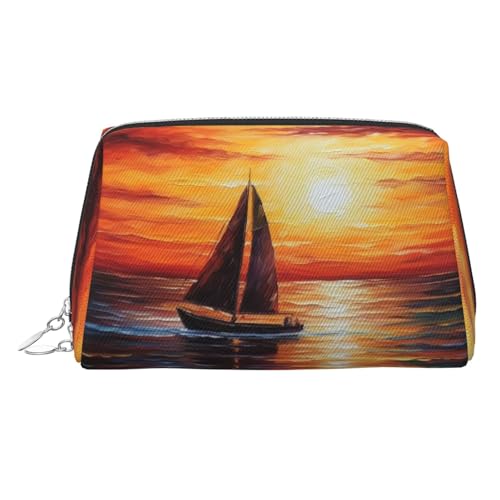 FZQVSLCM Reise-Make-up-Tasche, wasserdichte Make-up-Tasche für Geldbörse, Leder-Kulturtasche für Damen, Kosmetiktasche, Organizer, Sonnenuntergang, Segelboot, Make-up-Tasche mit Reißverschluss von FZQVSLCM