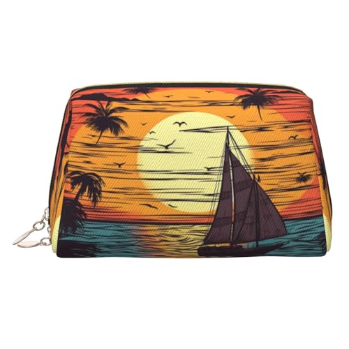 FZQVSLCM Reise-Make-up-Tasche, wasserdichte Make-up-Tasche für Geldbörse, Leder-Kulturtasche für Damen, Kosmetiktasche, Organizer, Sonnenuntergang und Segelboot, Make-up-Tasche mit Reißverschluss von FZQVSLCM