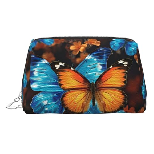 FZQVSLCM Reise-Make-up-Tasche, wasserdichte Make-up-Tasche für Geldbörse, Leder-Kulturtasche für Damen, Kosmetiktasche, Organizer, blaue und orangefarbene Schmetterlinge, Make-up-Tasche mit von FZQVSLCM