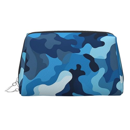 FZQVSLCM Reise-Make-up-Tasche, wasserdichte Make-up-Tasche für Geldbörse, Leder-Kulturtasche für Damen, Kosmetiktasche, Organizer, blaues Camouflage-Muster, Make-up-Tasche mit Reißverschluss von FZQVSLCM