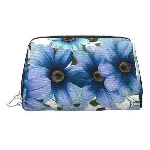 FZQVSLCM Reise-Make-up-Tasche, wasserdichte Make-up-Tasche für Geldbörse, Leder-Kulturtasche für Damen, Kosmetiktasche, Organizer, blühendes blaues Gänseblümchen, Make-up-Tasche mit Reißverschluss von FZQVSLCM