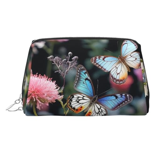 FZQVSLCM Reise-Make-up-Tasche, wasserdichte Make-up-Tasche für Geldbörse, Leder-Kulturtasche für Damen, Kosmetiktasche, Organizer, bunte Blumen und Schmetterlinge, Make-up-Tasche mit Reißverschluss von FZQVSLCM