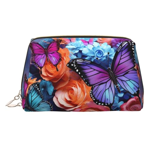 FZQVSLCM Reise-Make-up-Tasche, wasserdichte Make-up-Tasche für Geldbörse, Leder-Kulturtasche für Damen, Kosmetiktasche, Organizer, bunte Blumen und Schmetterlinge, Make-up-Tasche mit Reißverschluss von FZQVSLCM