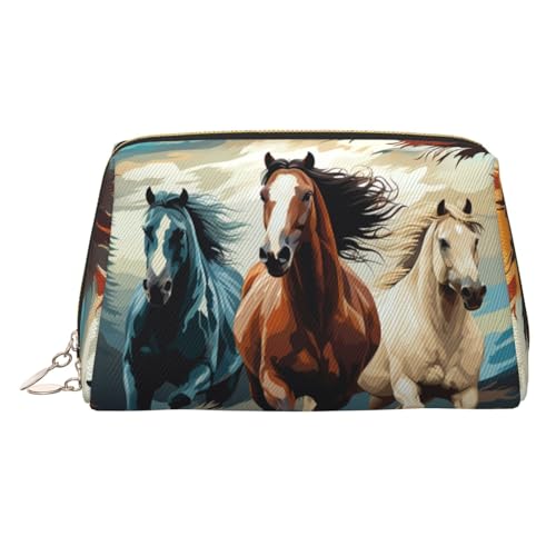FZQVSLCM Reise-Make-up-Tasche, wasserdichte Make-up-Tasche für Geldbörse, Leder-Kulturtasche für Damen, Kosmetiktasche, Organizer, ein Muster mit Pferden, Make-up-Tasche mit Reißverschluss von FZQVSLCM