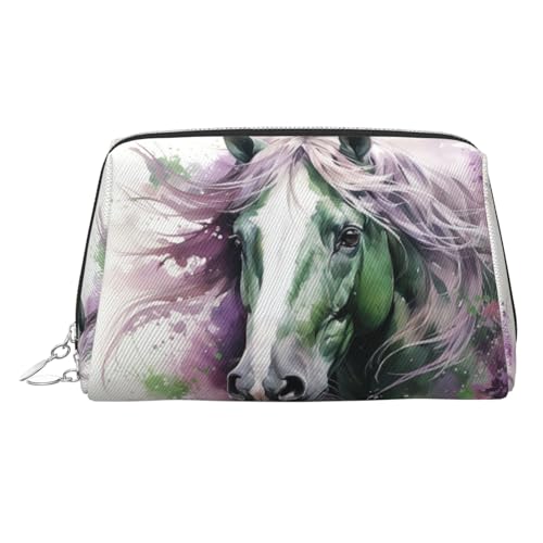 FZQVSLCM Reise-Make-up-Tasche, wasserdichte Make-up-Tasche für Geldbörse, Leder-Kulturtasche für Damen, Kosmetiktasche, Organizer, grünes Pferd, Make-up-Tasche mit Reißverschluss, Make-up-Tasche für von FZQVSLCM