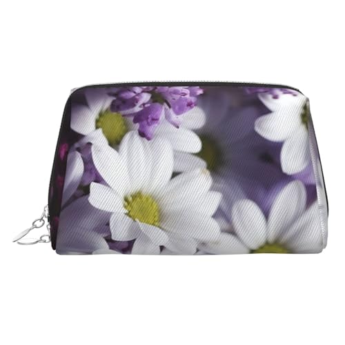 FZQVSLCM Reise-Make-up-Tasche, wasserdichte Make-up-Tasche für Geldbörse, Leder-Kulturtasche für Damen, Kosmetiktasche, Organizer, lila-weiße Blumen, Make-up-Tasche mit Reißverschluss, Make-up-Tasche von FZQVSLCM