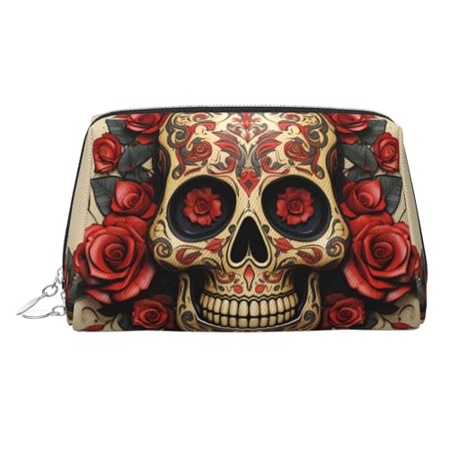 FZQVSLCM Reise-Make-up-Tasche, wasserdichte Make-up-Tasche für Geldbörse, Leder-Kulturtasche für Damen, Kosmetiktasche, Organizer, rote Rose, Zuckerschädel, Make-up-Tasche mit Reißverschluss von FZQVSLCM