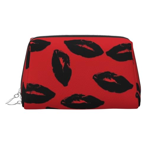 FZQVSLCM Reise-Make-up-Tasche, wasserdichte Make-up-Tasche für Geldbörse, Leder-Kulturtasche für Damen, Kosmetiktasche, Organizer, rote und schwarze Lippen, Make-up-Tasche mit Reißverschluss von FZQVSLCM