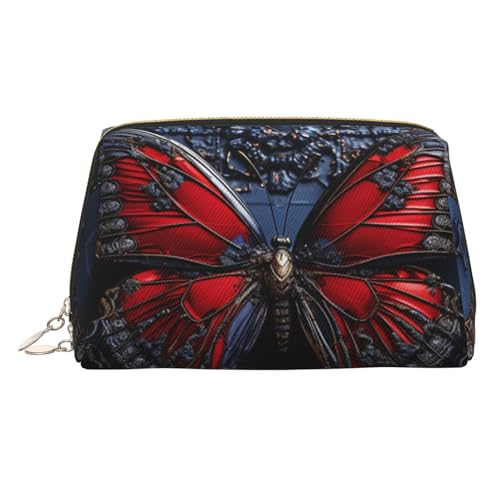 FZQVSLCM Reise-Make-up-Tasche, wasserdichte Make-up-Tasche für Geldbörse, Leder-Kulturtasche für Damen, Kosmetiktasche, Organizer, roter Schmetterling, Make-up-Tasche mit Reißverschluss von FZQVSLCM