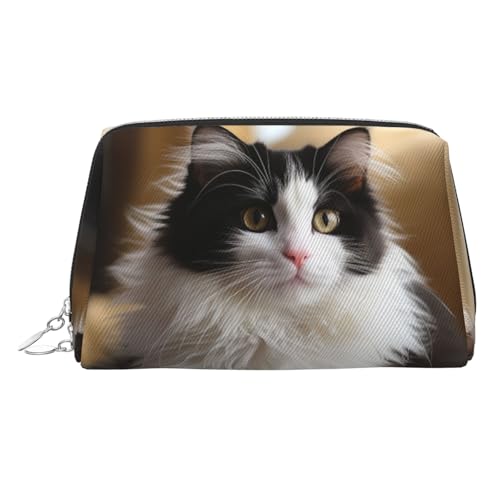 FZQVSLCM Reise-Make-up-Tasche, wasserdichte Make-up-Tasche für Geldbörse, Leder-Kulturtasche für Damen, Kosmetiktasche, Organizer, weiß und schwarz, Kätzchen, sitzende Make-up-Tasche mit von FZQVSLCM