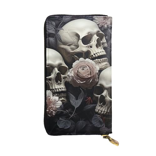 FZQVSLCM Schwarze und weiße Geldbörse aus Leder mit Blumen und Totenkopf, für Damen, lange Münzbörse, ultradünn, Kreditkartenhalter, Bifold Clutch von FZQVSLCM