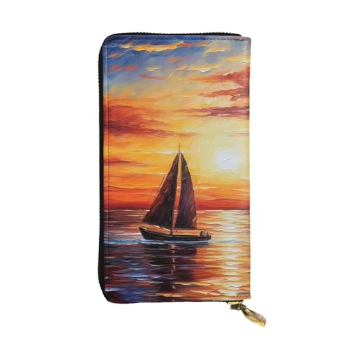 FZQVSLCM Sunset Segelboot Leder Geldbörse für Frauen Lange Münzbörse Ultra Slim Kreditkarten Halter Bifold Clutch von FZQVSLCM