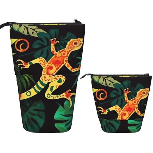FZQVSLCM Teleskop-Federmäppchen, Gecko und tropische Blätter, stehender Stifthalter, Pop-Up-Bleistifttasche, niedlich, aufstellbar, Kosmetiktasche, Reise-Make-up-Tasche, tragbare Kulturbeutel für FZQVSLCM Teleskop-Federmäppchen, Gecko und tropische Blätter, stehender Stifthalter, Pop-Up-Bleistifttasche, niedlich, aufstellbar, Kosmetiktasche, Reise-Make-up-Tasche, tragbare Kulturbeutel für von FZQVSLCM