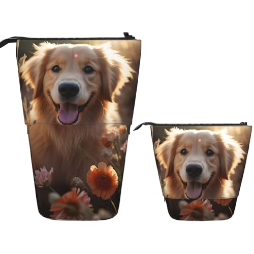 FZQVSLCM Teleskop-Federmäppchen, Golden Retriever und Blumen, Stehender Stifthalter, Pop-Up-Bleistifttasche, niedlich, aufstellbar, Kosmetiktasche, Reise-Make-up-Tasche, tragbare Kulturbeutel für von FZQVSLCM