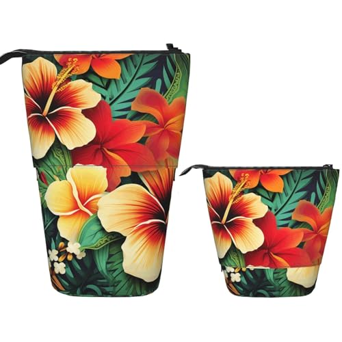 FZQVSLCM Teleskop-Federmäppchen, Hawaii-Stil, Druckmuster, Stehender Stifthalter, Pop-Up-Bleistifttasche, niedlich, aufstellbar, Kosmetiktasche, Reise-Make-up-Tasche, tragbarer Kulturbeutel für Damen von FZQVSLCM