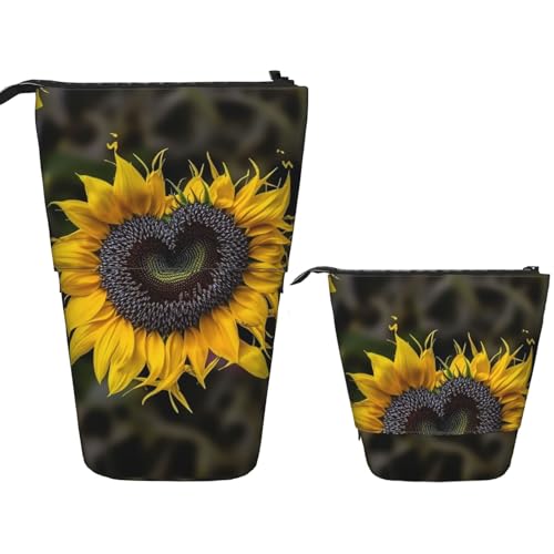 FZQVSLCM Teleskop-Federmäppchen, Herzform, Sonnenblume, Stehender Stifthalter, Pop-Up-Bleistifttasche, niedlich, Kosmetiktasche, Reise-Make-up-Tasche, tragbare Kulturbeutel für Damen und Herren von FZQVSLCM