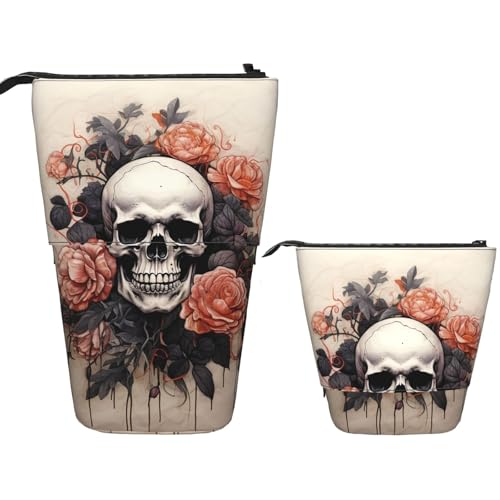 FZQVSLCM Teleskop-Federmäppchen, Motiv: antiker Totenkopf und Blumen, stehender Stifthalter, Pop-Up-Bleistifttasche, niedlich, Kosmetiktasche, Reise-Make-up-Tasche, tragbare Kulturbeutel für Damen und von FZQVSLCM