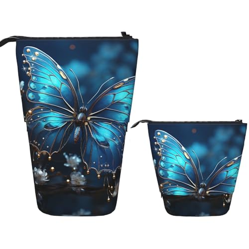 FZQVSLCM Teleskop-Federmäppchen, Motiv: blauer Schmetterling und Mond, stehender Stifthalter, Pop-Up-Bleistifttasche, niedlich, Kosmetiktasche, Reise-Make-up-Tasche, tragbarer Kulturbeutel für Damen von FZQVSLCM