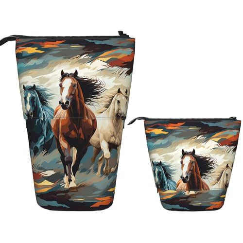 FZQVSLCM Teleskop-Federmäppchen, Muster mit Pferden, Stehender Stifthalter, Pop-Up-Bleistifttasche, niedlich, aufstellbar, Kosmetiktasche, Reise-Make-up-Tasche, tragbare Kulturbeutel für Damen und von FZQVSLCM
