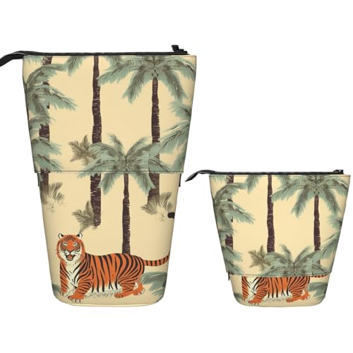 FZQVSLCM Teleskop-Federmäppchen, Palmen und Tiger, stehender Stifthalter, Pop-Up-Bleistifttasche, niedlich, aufstellbar, Kosmetiktasche, Reise-Make-up-Tasche, tragbarer Kulturbeutel für Damen und von FZQVSLCM