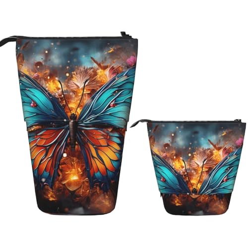 FZQVSLCM Teleskop-Federmäppchen, Schmetterlings-Hintergrund, Stehender Stifthalter, Pop-Up-Bleistifttasche, niedlich, Kosmetiktasche, Reise-Make-up-Tasche, tragbar, Kulturbeutel für Damen und Herren von FZQVSLCM
